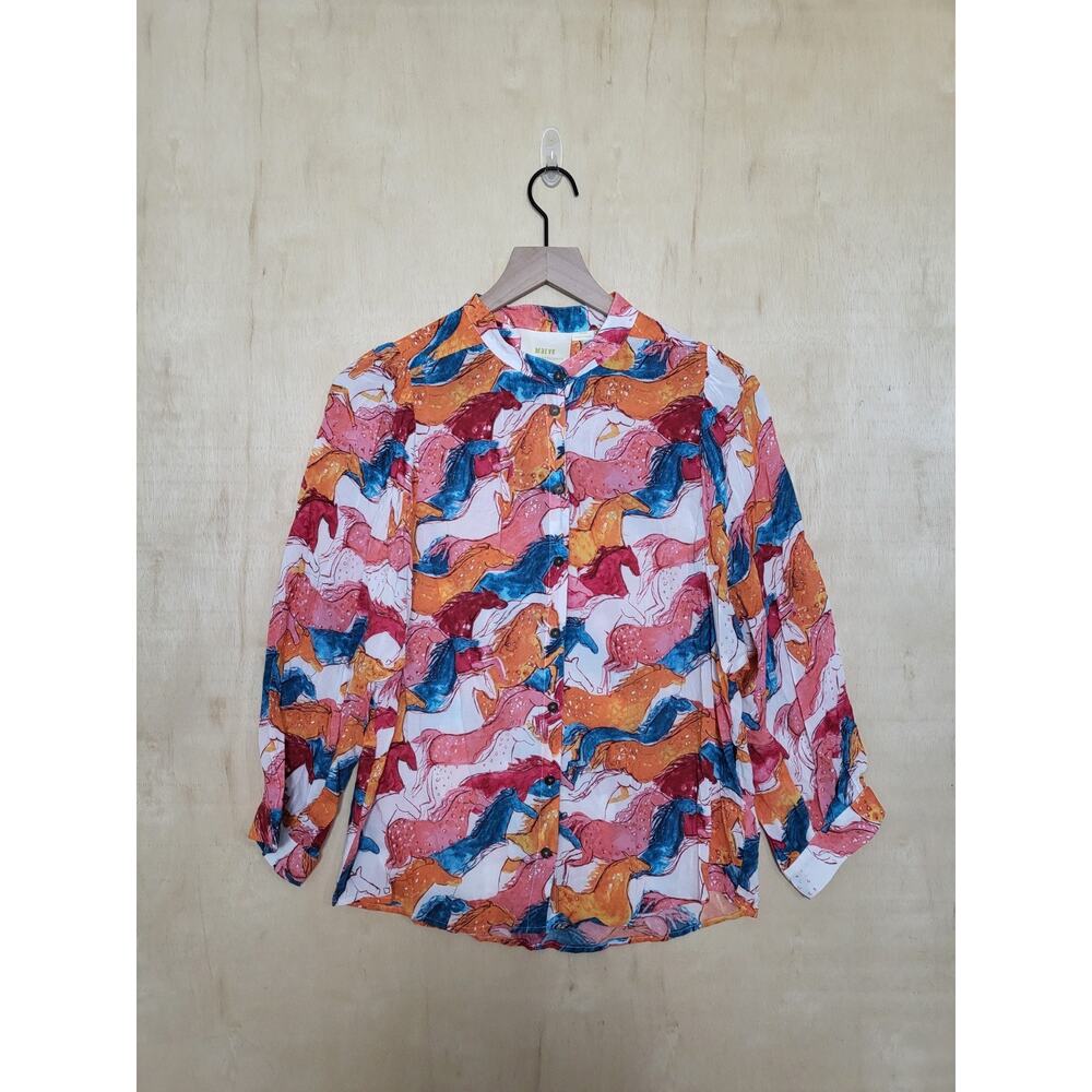 Size:M Anthropologie Maeve Pastoral Watercolor BlouseHorses Colorful